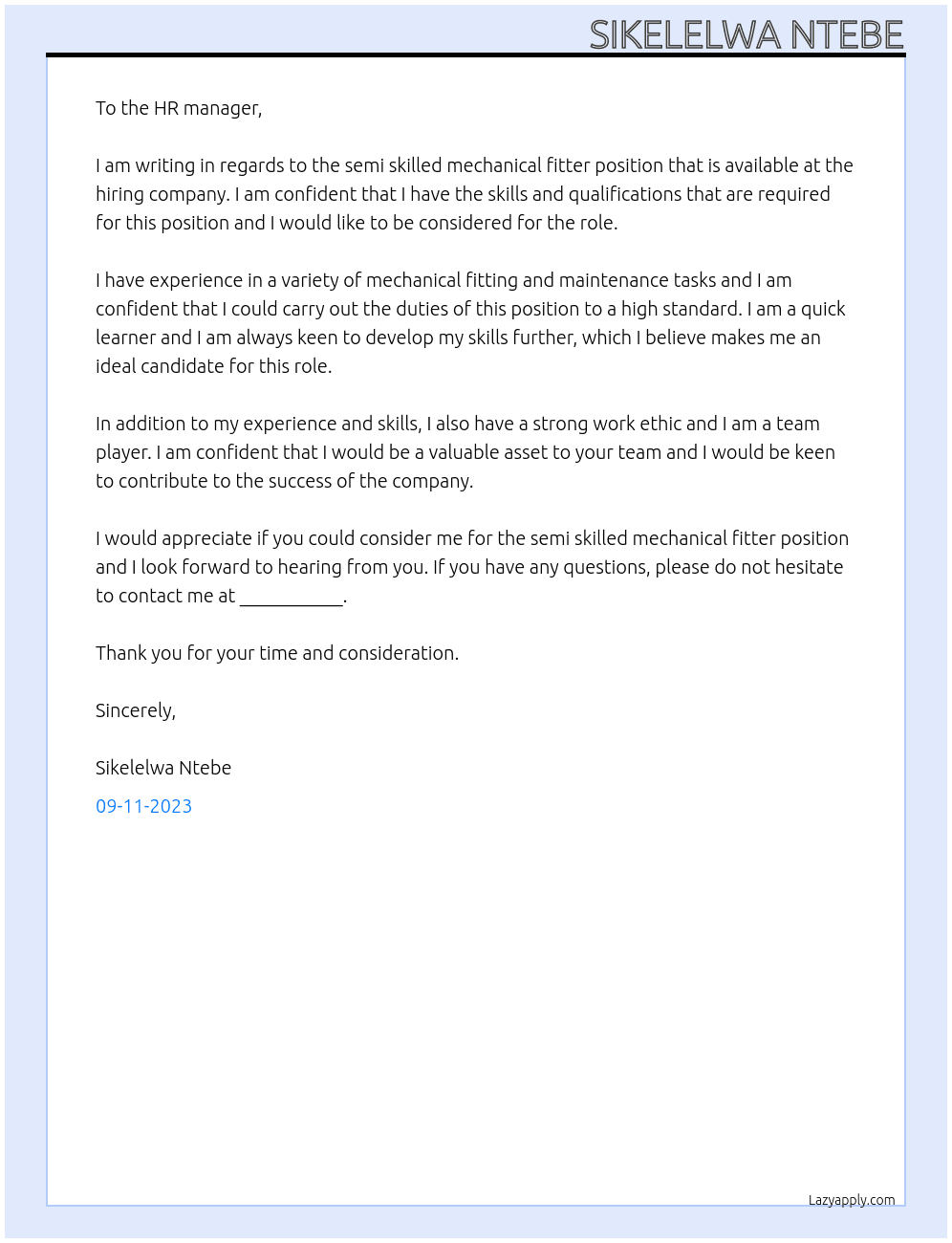 Semi skilled mechanical fitter  At Hiring company  Cover Letter