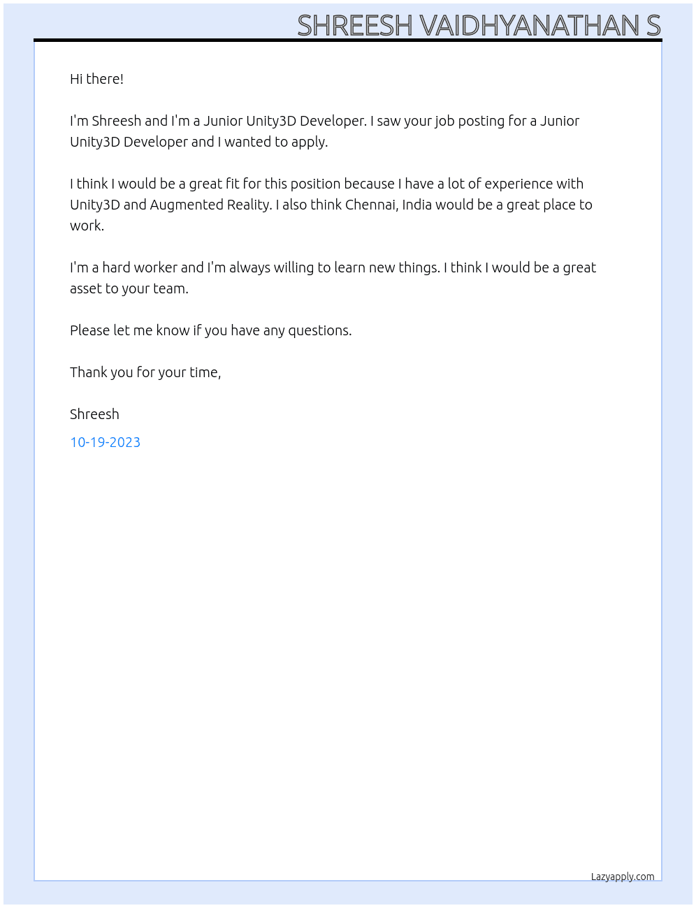 Junior Unity3D Developer At XRLabs Cover Letter