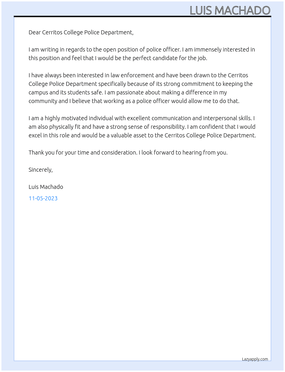 Police Officer  At Cerritos College Police Departmemt  Cover Letter