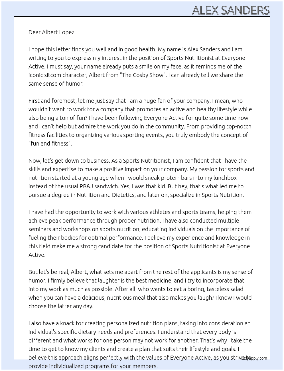 Sports Nutritionist At Everyone Active Cover Letter