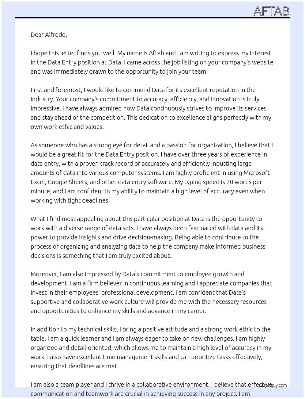 data entry At data Cover Letter