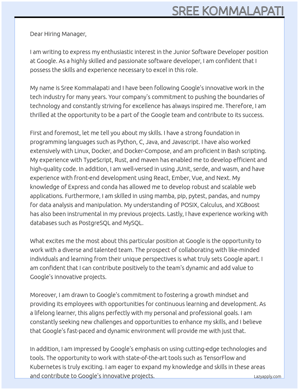 Junior Software Developer At Google Cover Letter
