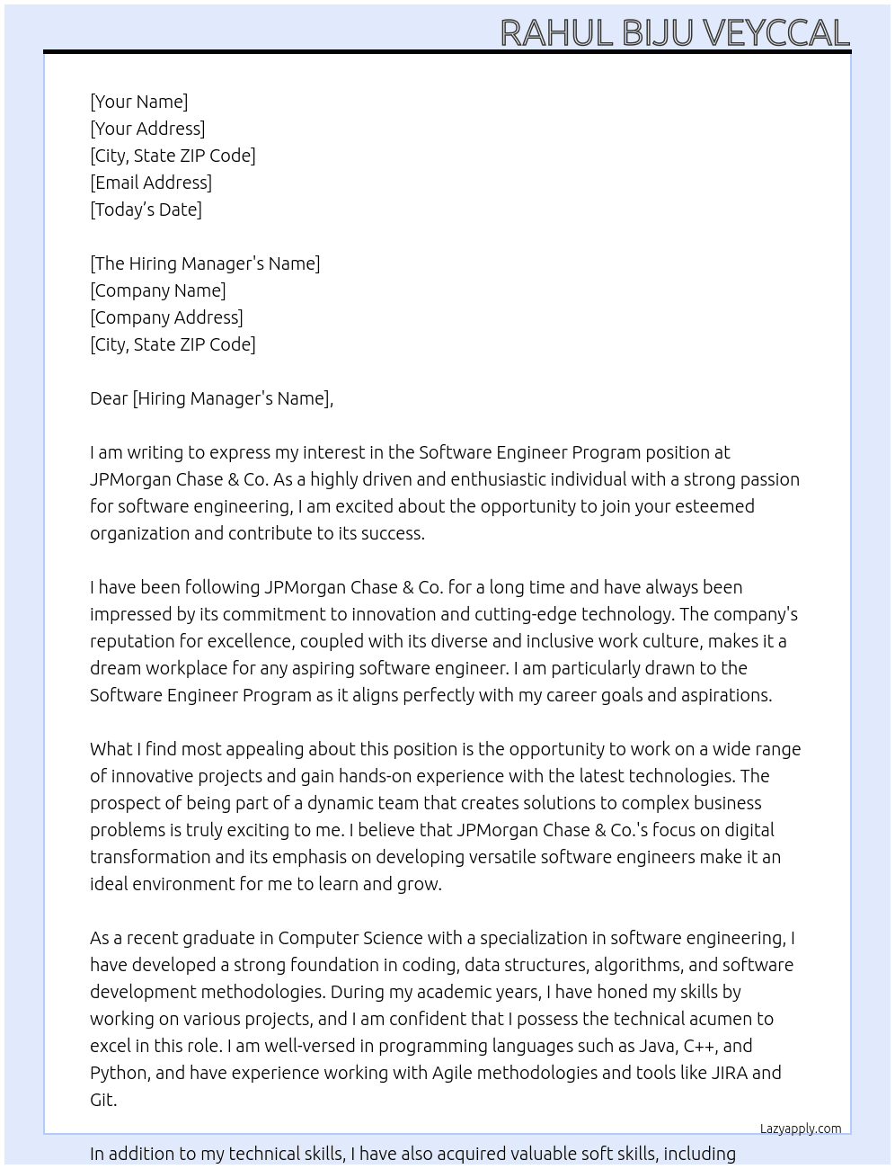 Software Engineer Program At JPMorgan Chase & Co. Cover Letter