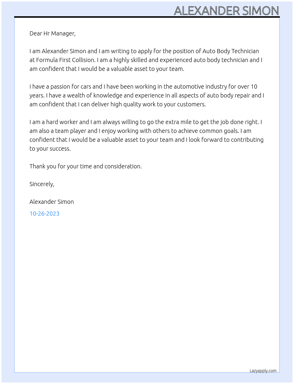 Auto Body Technician At Formula First Collision Cover Letter