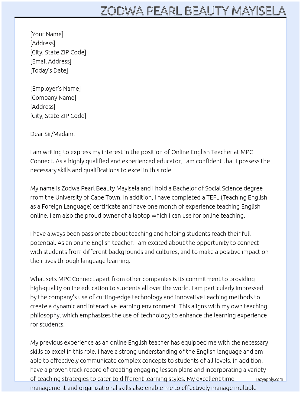 Online English Teacher At MPC Connect Cover Letter