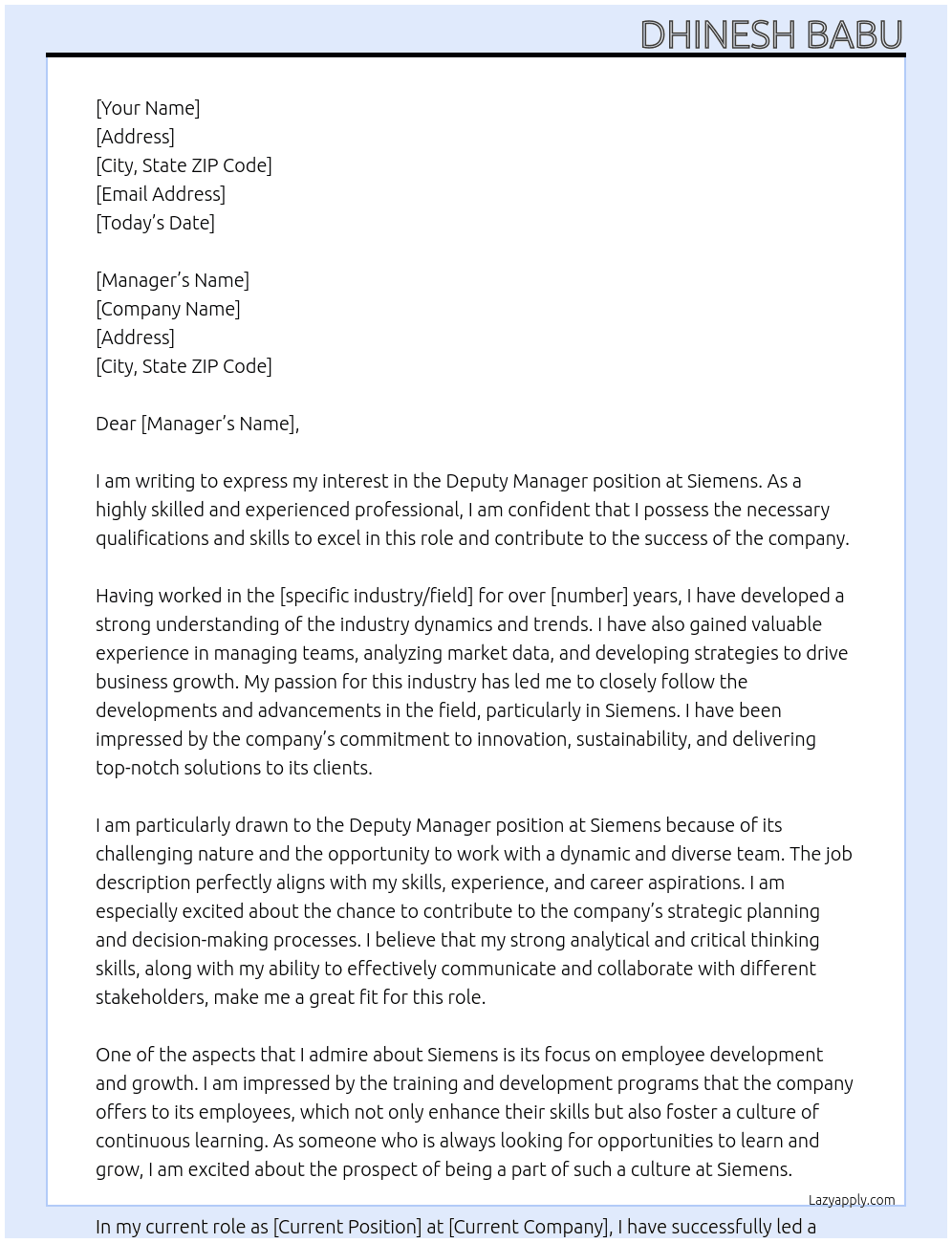 Deputy Manager At Siemens Cover Letter