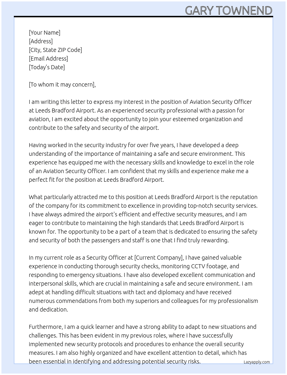 Aviation Security Officer At Leeds Bradford Airport Cover Letter