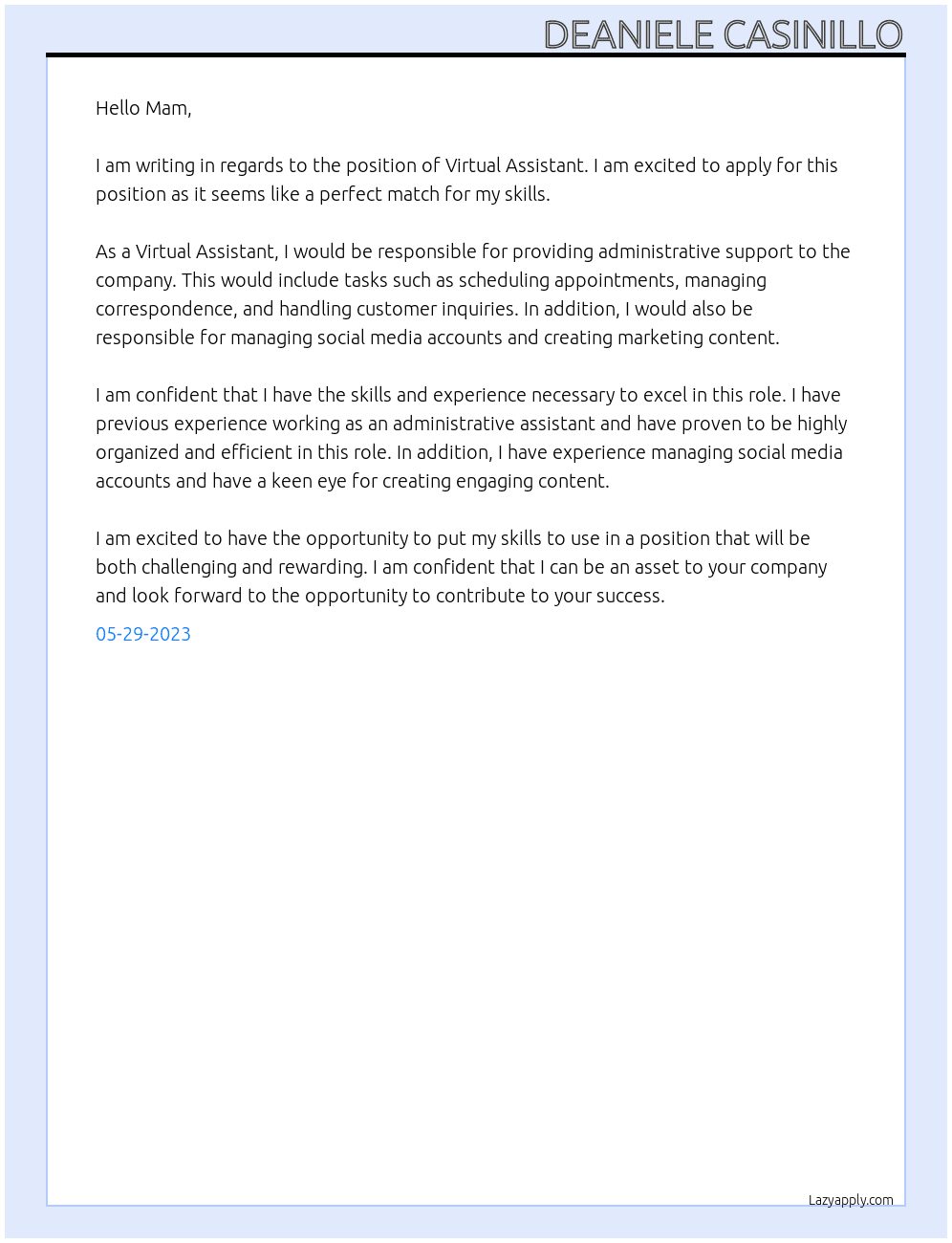 Virtual Asisstant At Sir Cover Letter