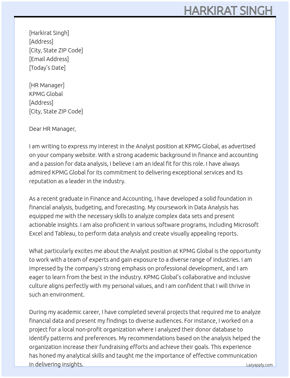 Analyst  At KPMG Global Cover Letter