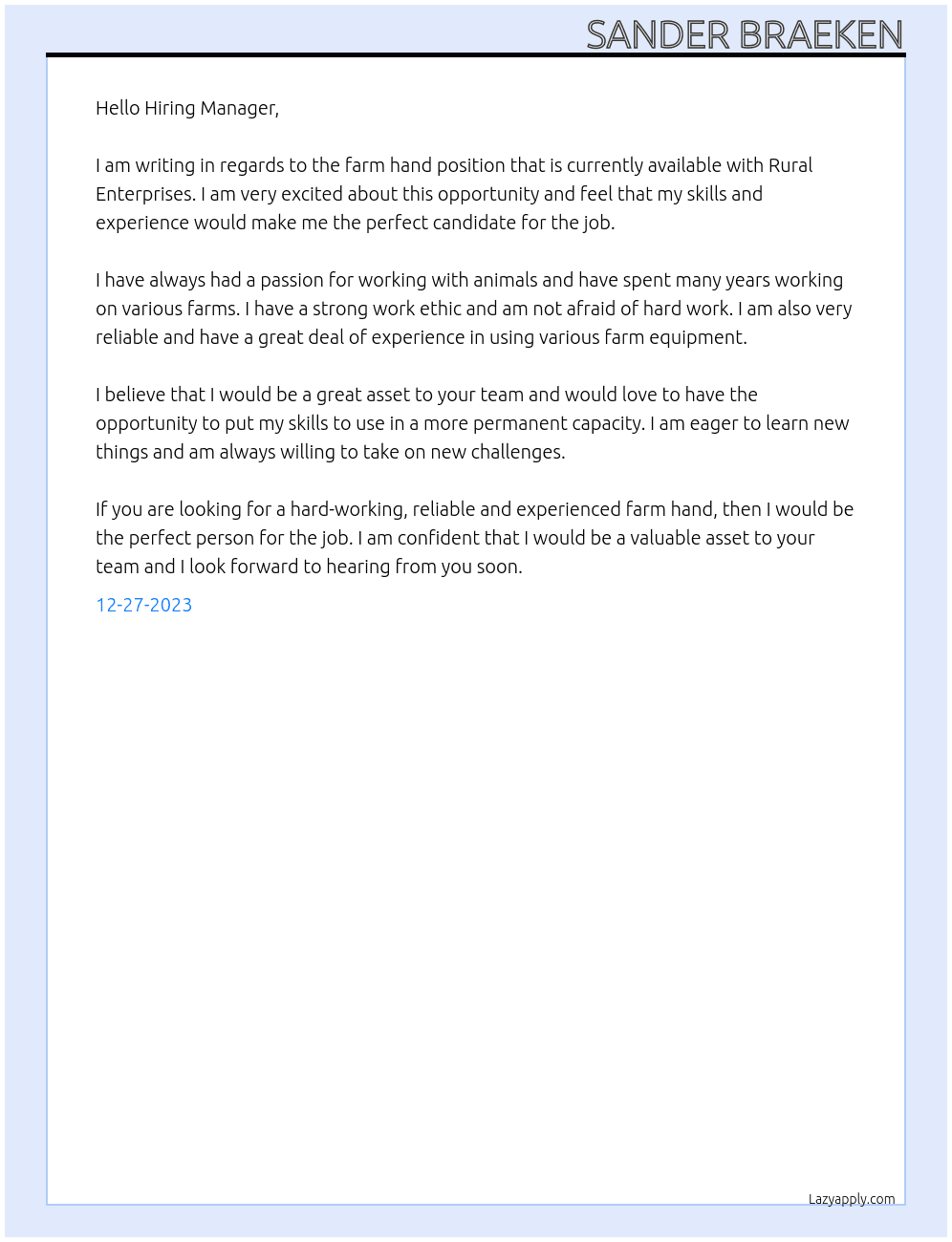 farm hand At Rural Enterprises Cover Letter