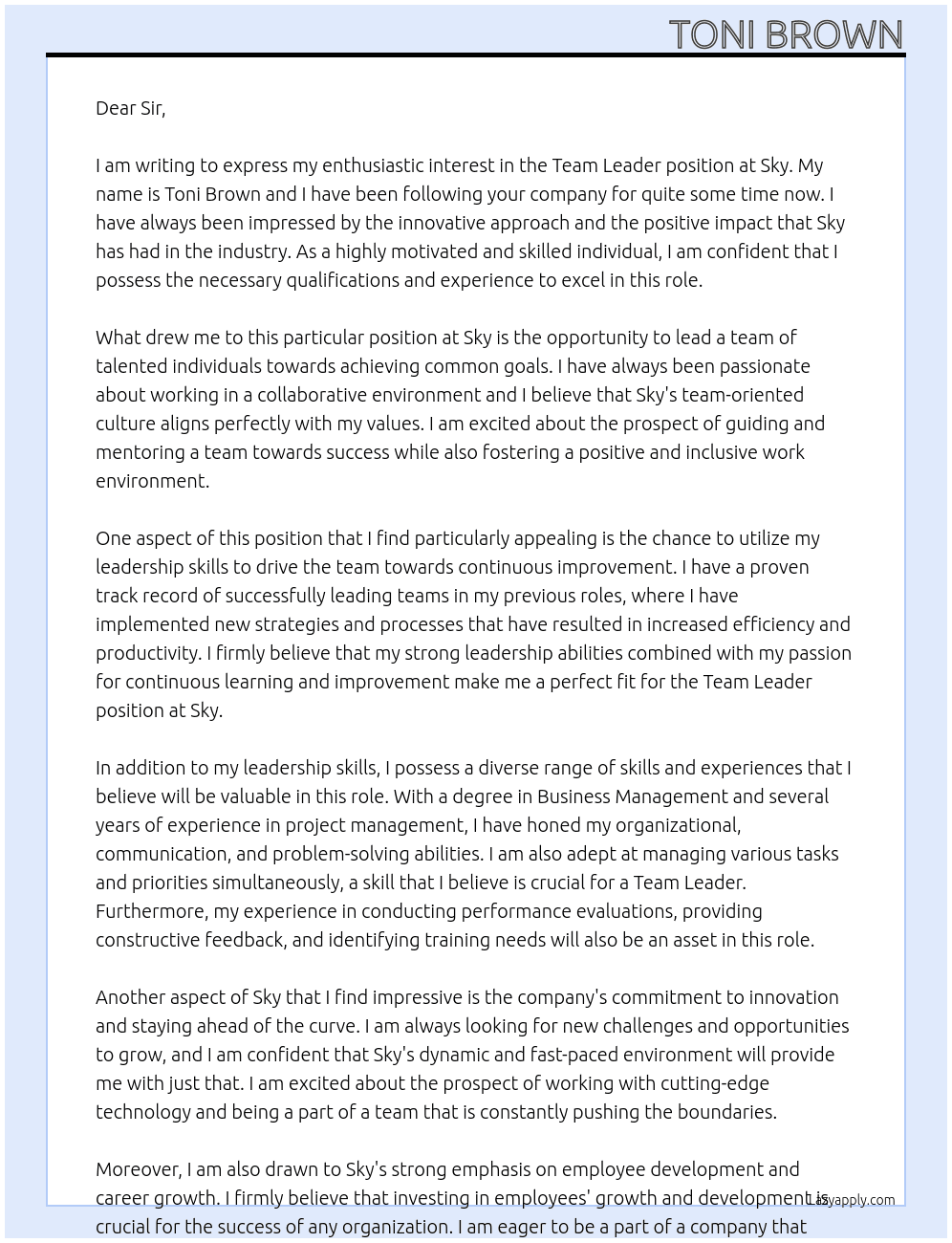 Team Leader At Sky Cover Letter