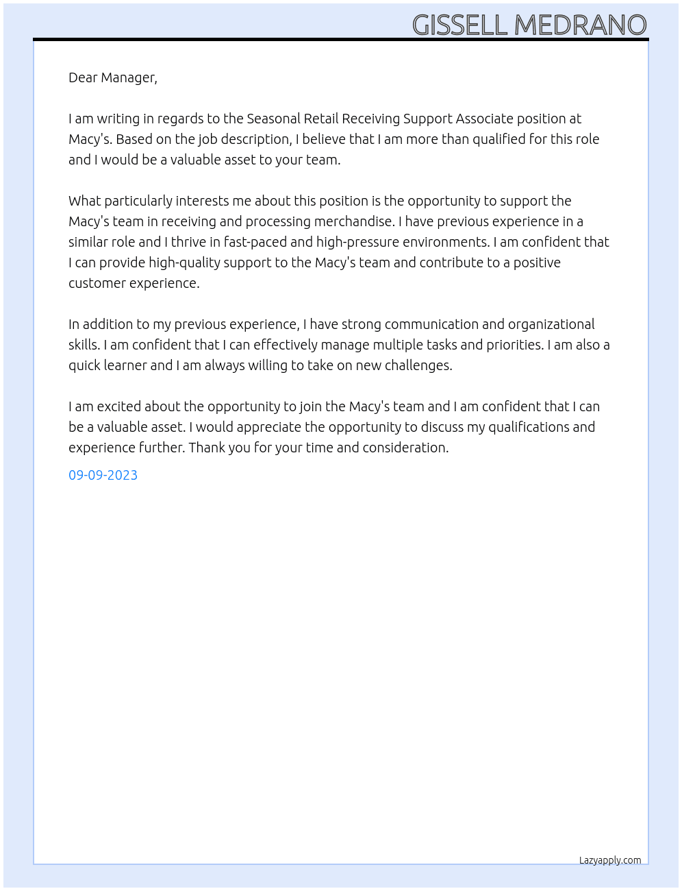 Seasonal Retail Receiving Support Associate At Macys Cover Letter