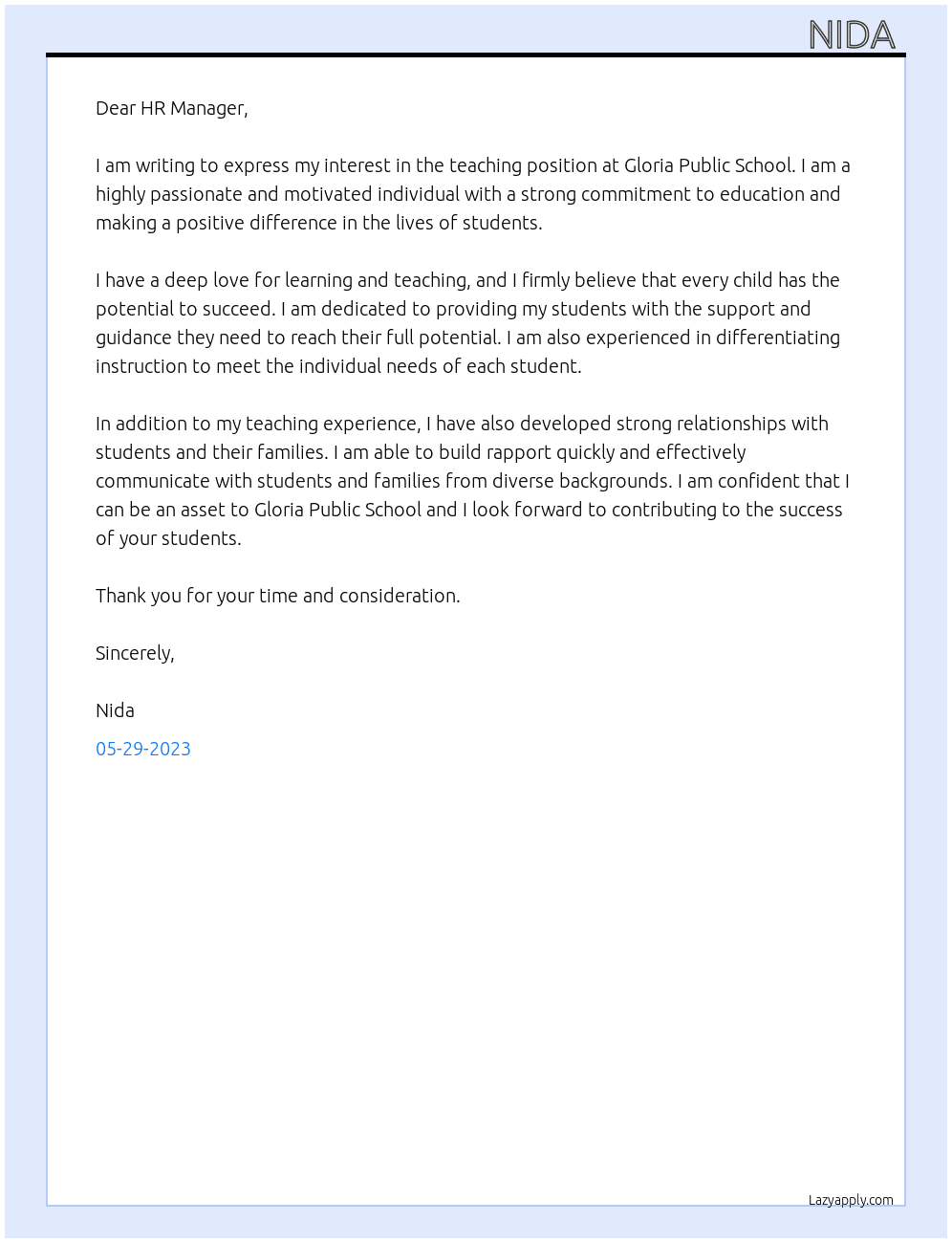Teaching  At Gloria public school  Cover Letter