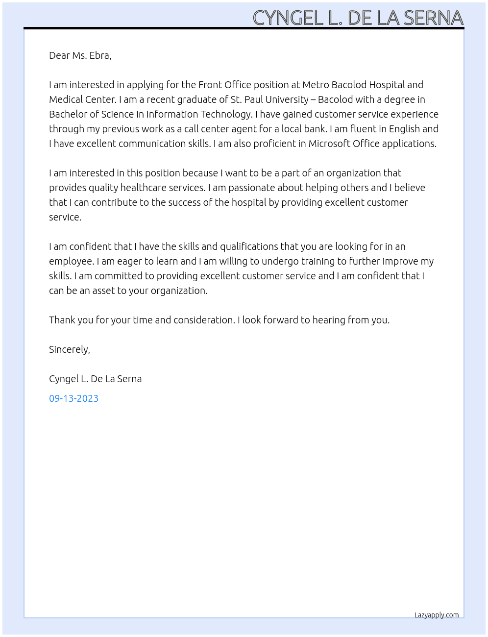 Front office  At Metro Bacolod Hospital and Medical Center Cover Letter