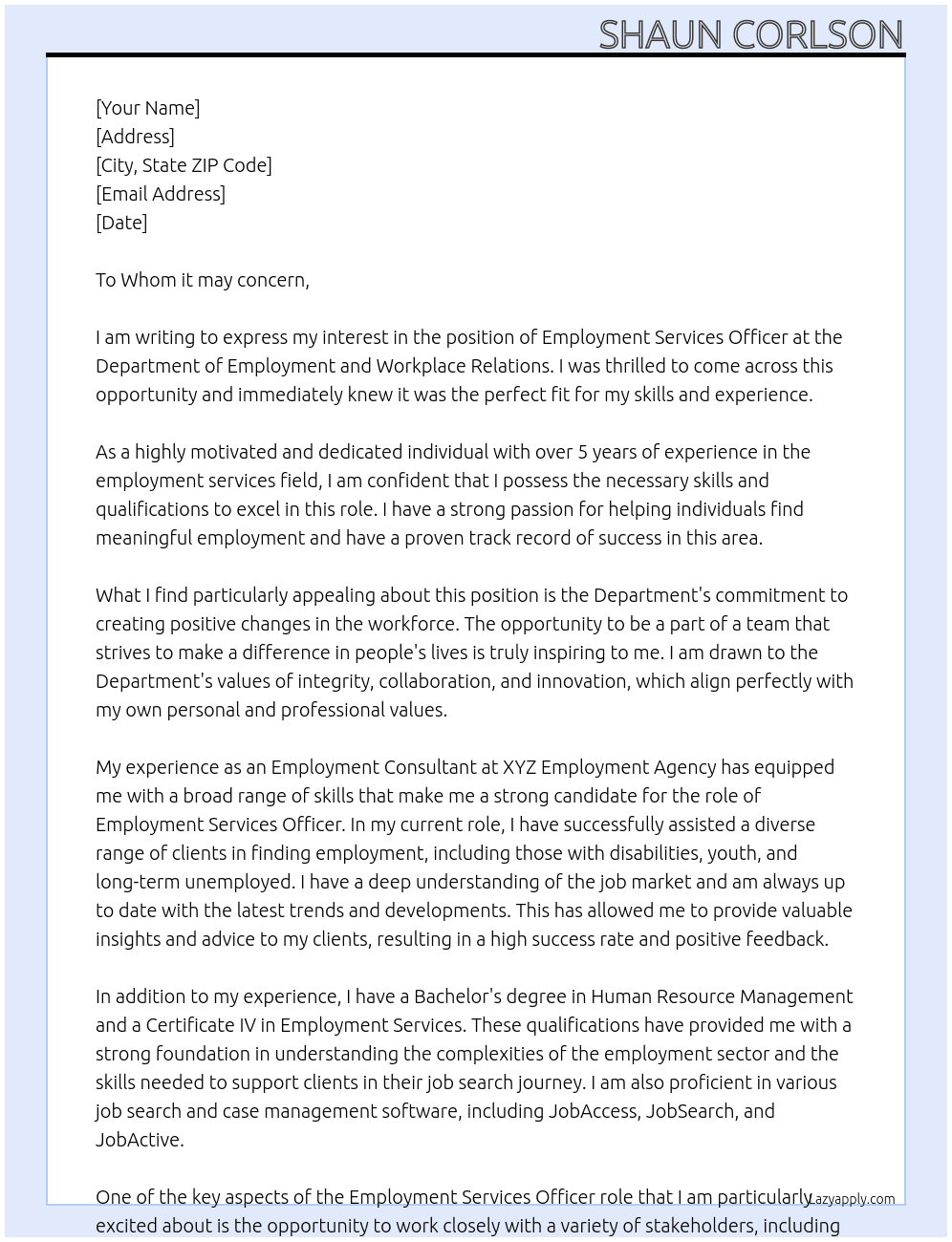 Employment Services Officer At Department of Employment and Workplace Relations Cover Letter