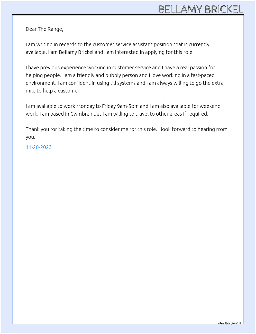 customer service assistant At The Range Cover Letter