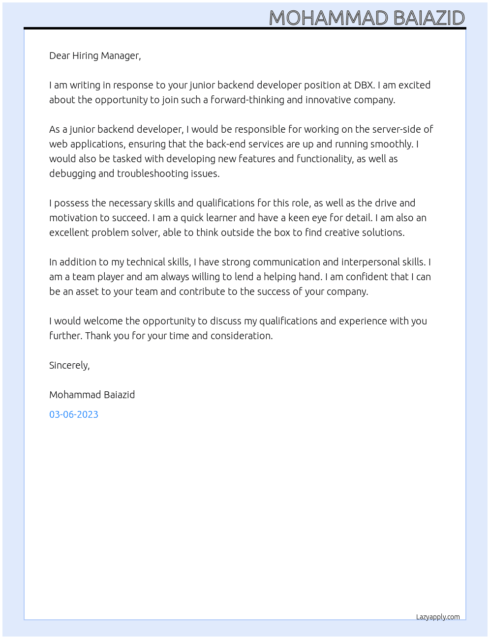 Junior Backend Developer At DBX Cover Letter