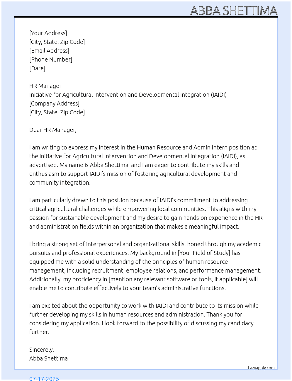 Cover letter for human resource and admin intern - LazyApply