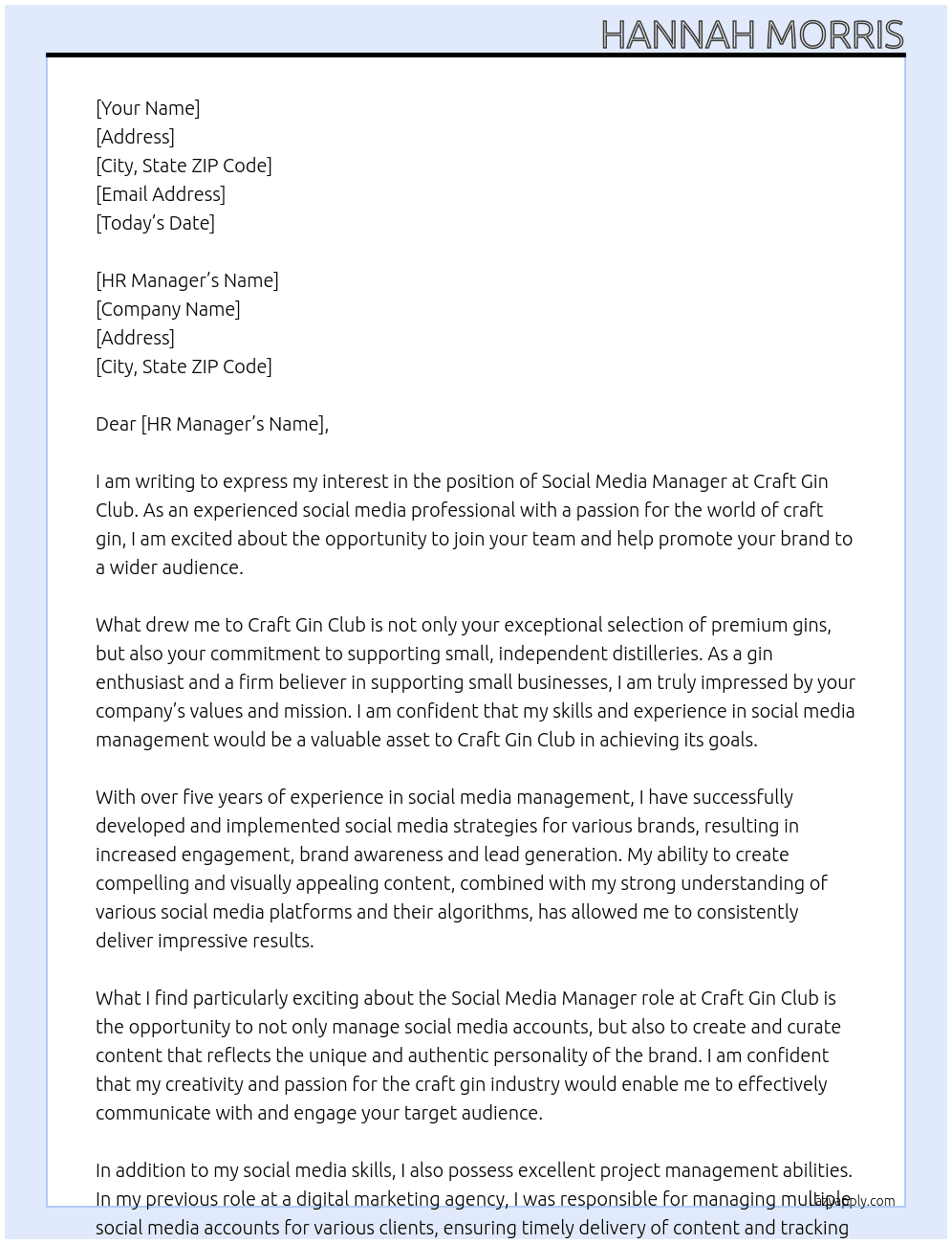 Social Media Manager At Craft Gin Club Cover Letter