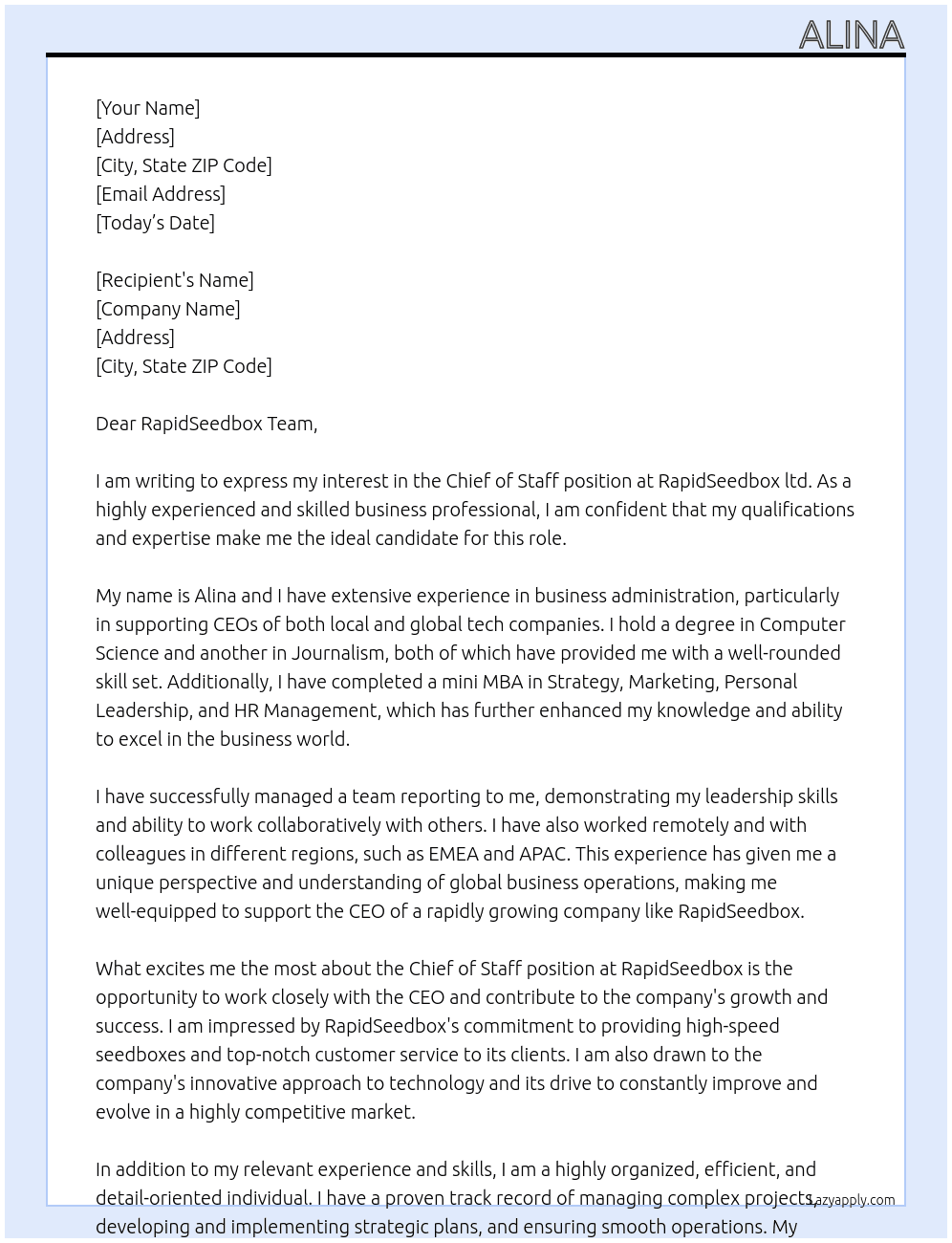 Chief of Staff At RapidSeedbox ltd Cover Letter