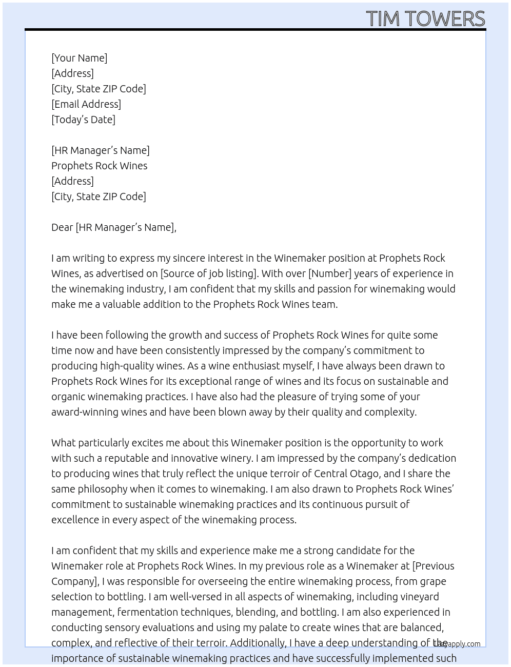 Winemaker At Prophets Rock Wines Cover Letter