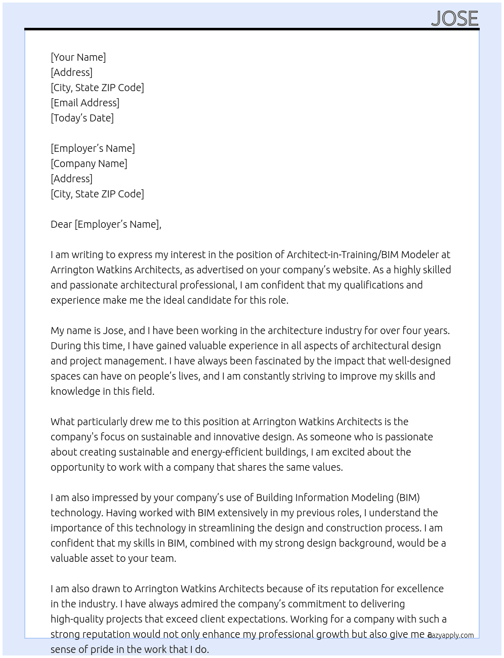 ARCHITECT-IN-TRAINING/BIM MODELER At Arrington Watkins Architects Cover Letter