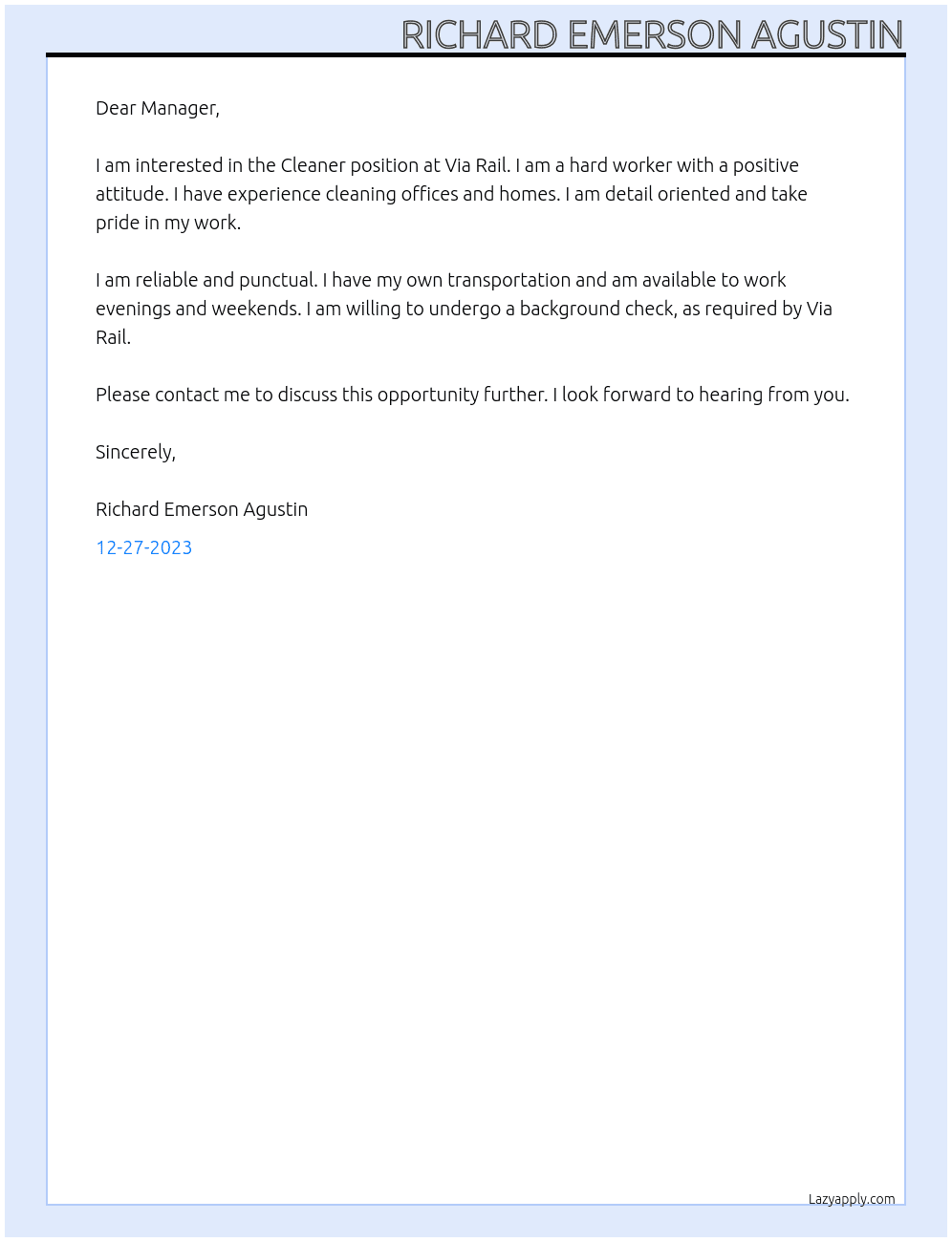 Cleaner At Via Rail Cover Letter