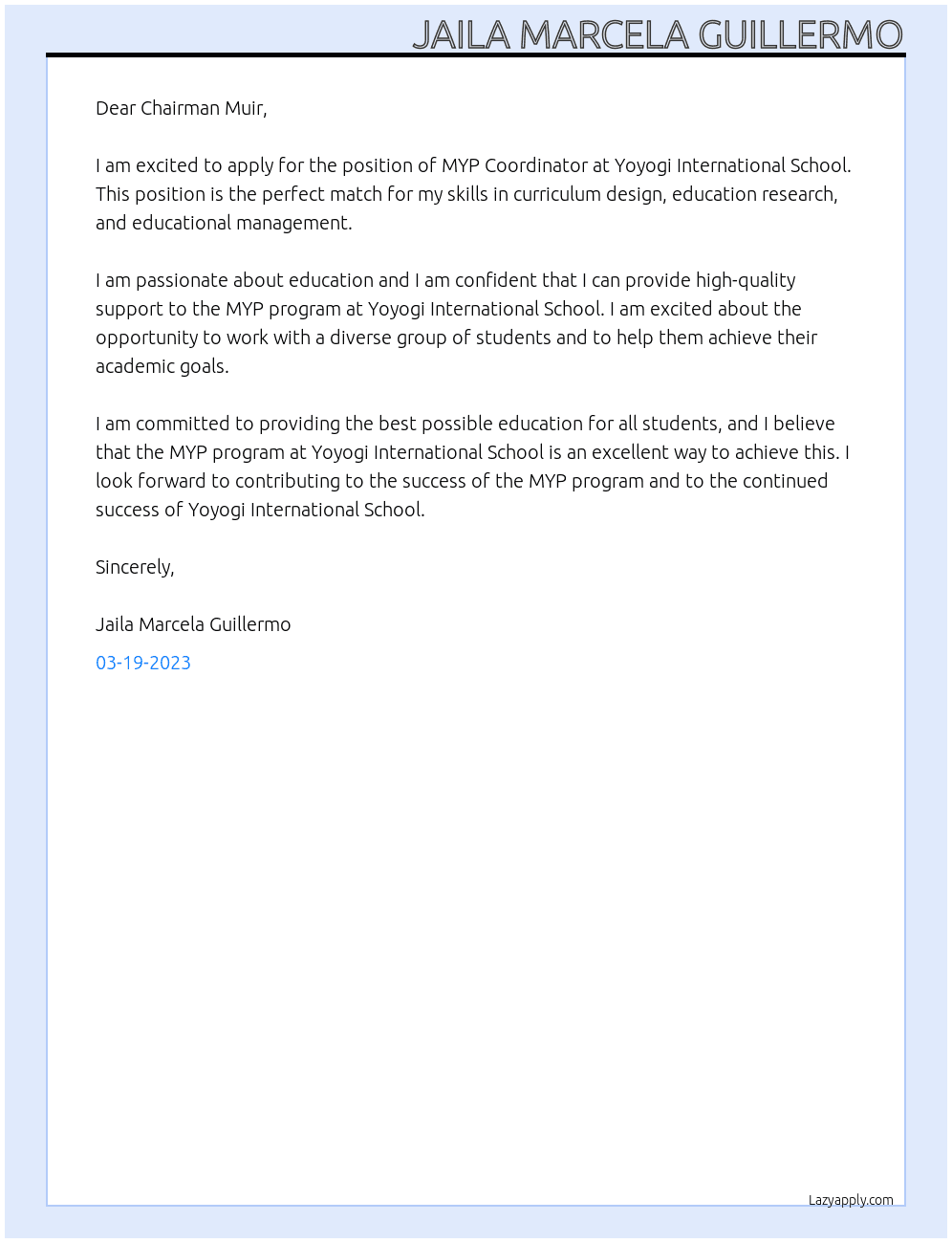 MYP Coordinator At Yoyogi International School  Cover Letter