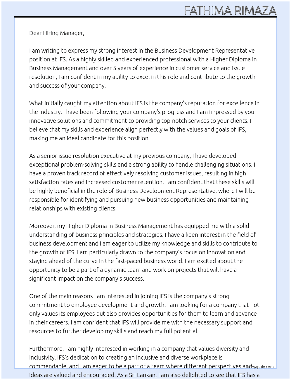 Business Development Representative At IFS Cover Letter