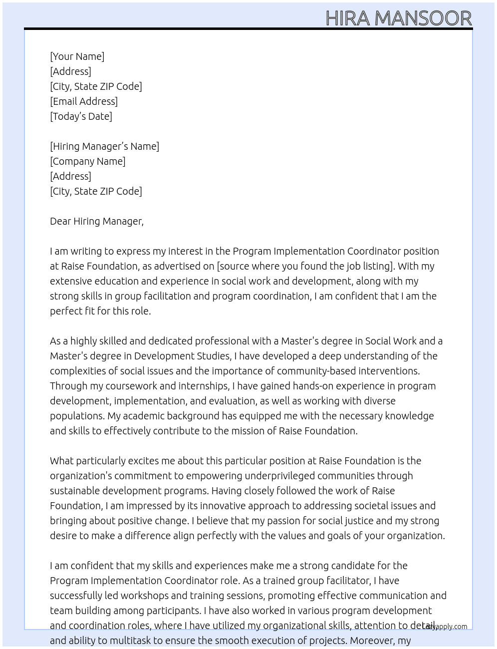 Program Implementation Coordinator At Raise Foundation Cover Letter