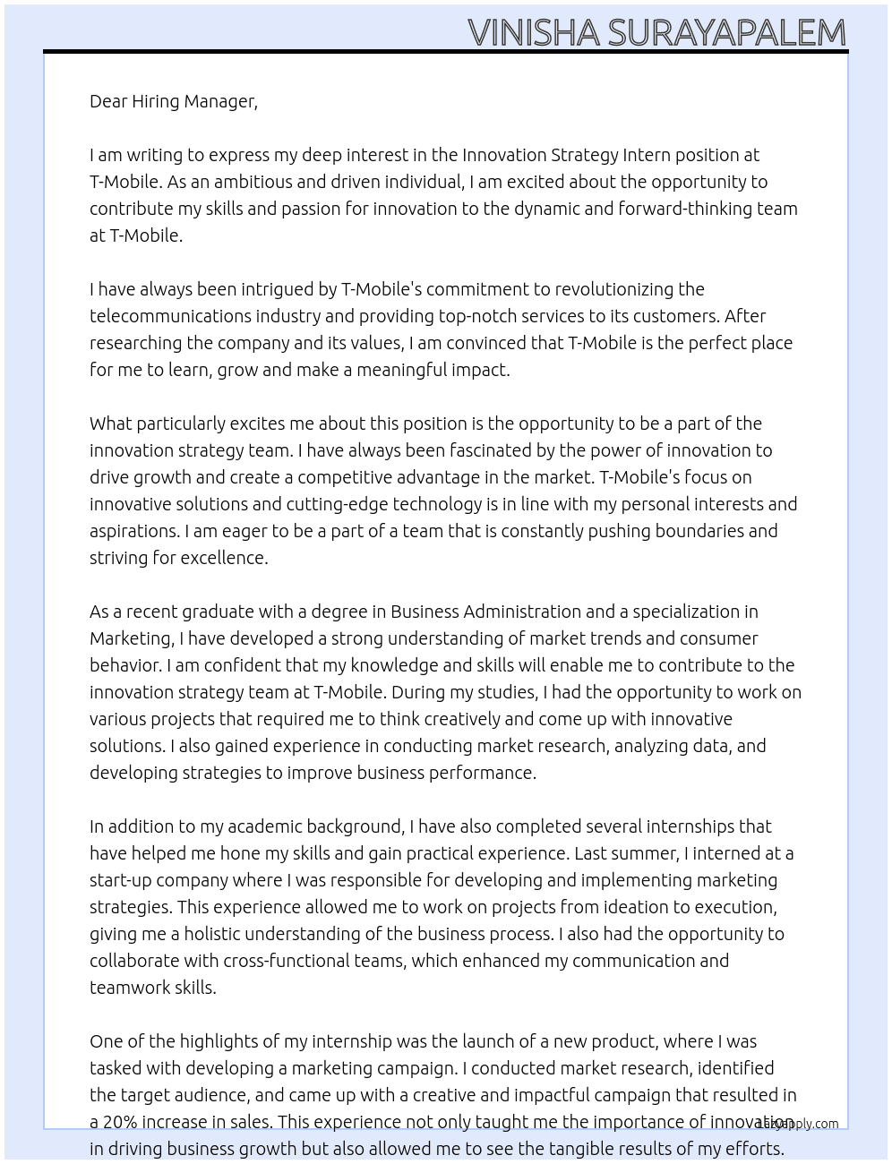 Innovation Strategy Intern At T-Mobile Cover Letter