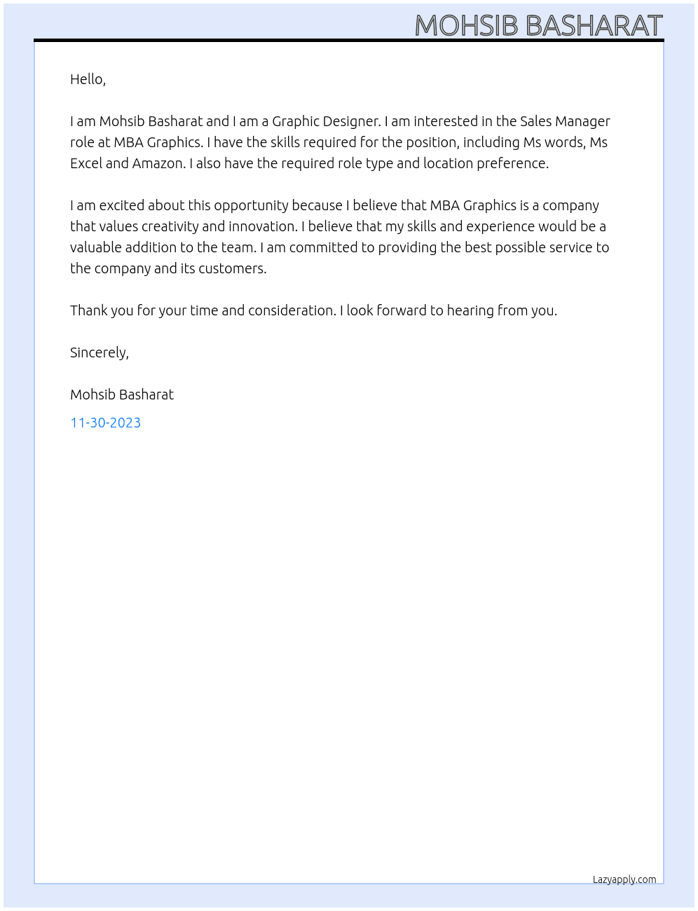 Graphic Designer  At MBA Graphics Cover Letter