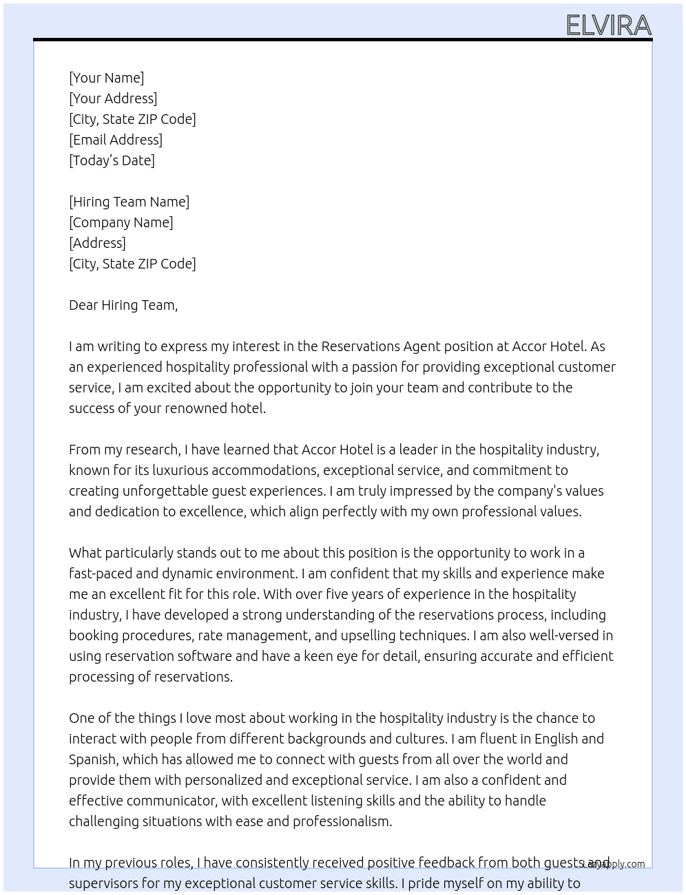 Reservations Agent At accor hotel Cover Letter