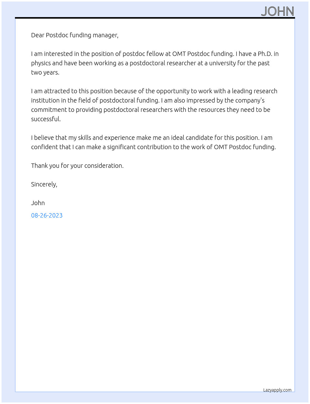 postdoc fellow At OMT Postdoc funding Cover Letter