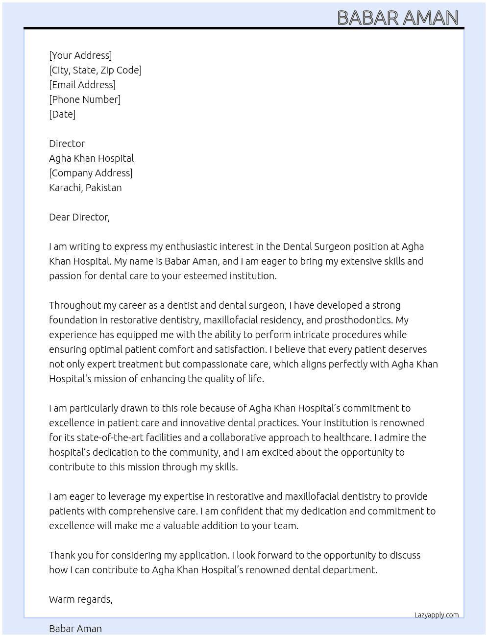 Cover letter for dental surgeon - LazyApply