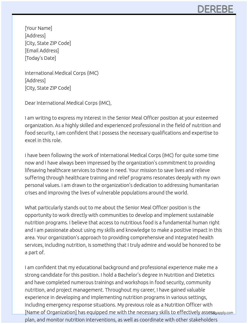 Senior Meal Officer  At  International Medical Corps (IMC) Cover Letter