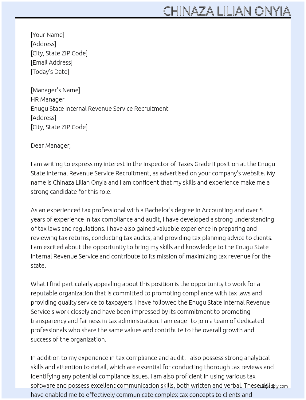 Inspector of Taxes Grade II At Enugu State Internal Revenue Service Recruitment Cover Letter