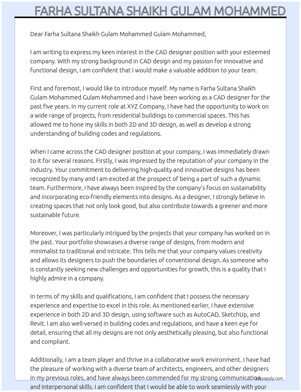 CAD designer At NA Cover Letter
