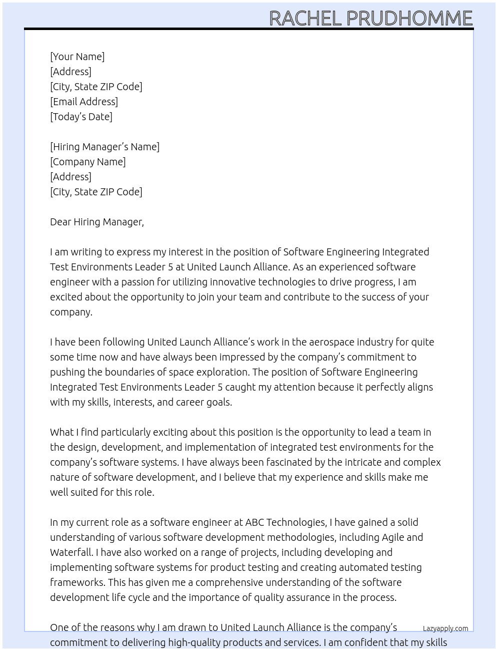 Software Engineering Integrated Test Environments Leader 5 At United Launch Alliance Cover Letter
