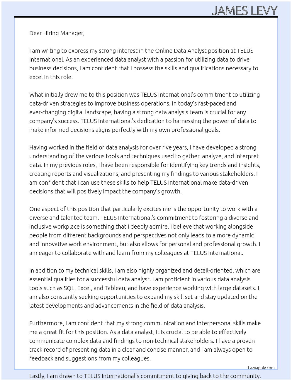 Online Data Analyst At TELUS International Cover Letter