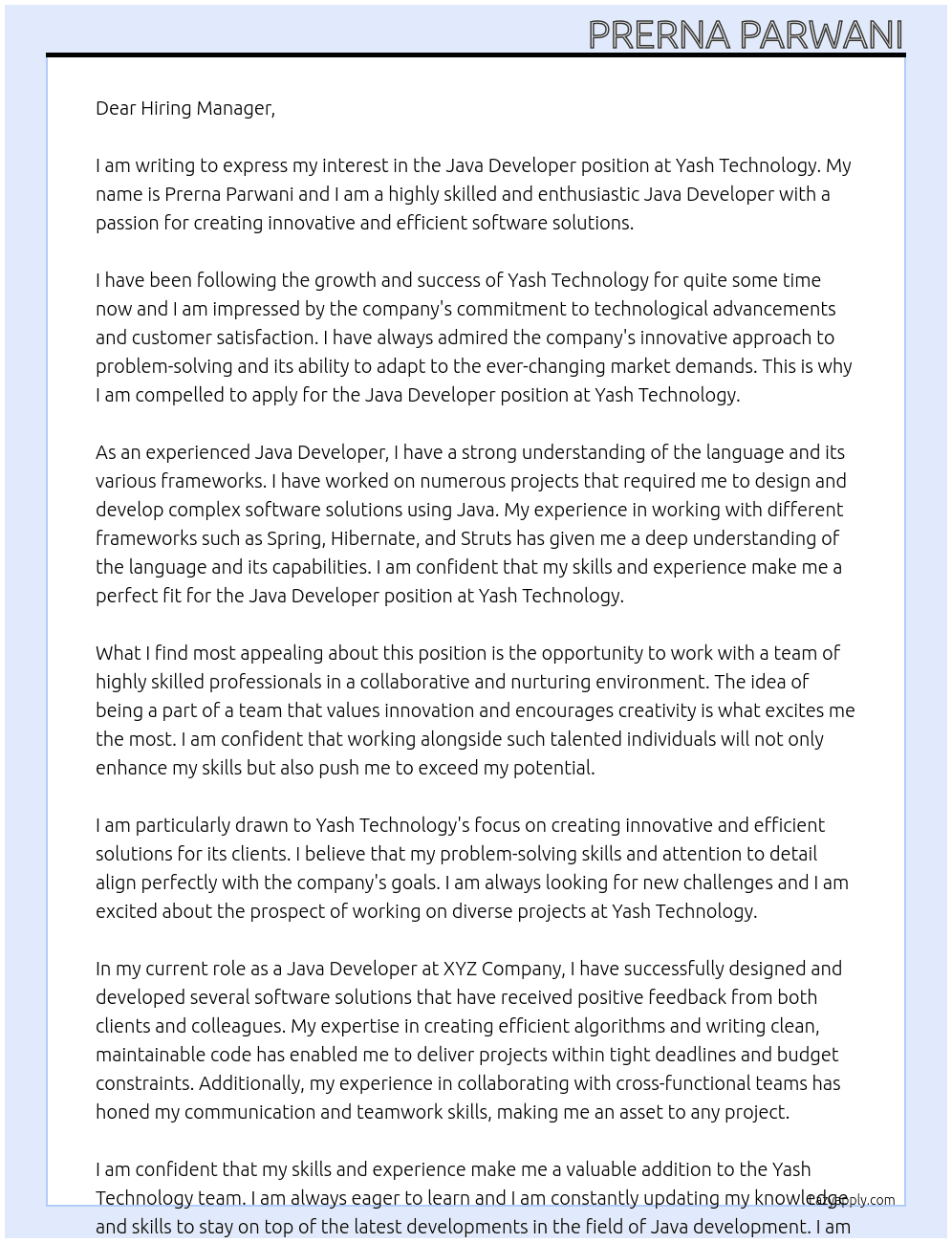java developer At Yash technology Cover Letter
