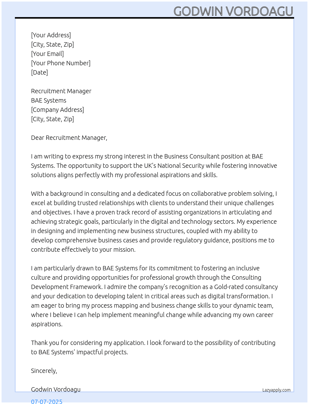Business Consultant At BAE Systems. Cover Letter