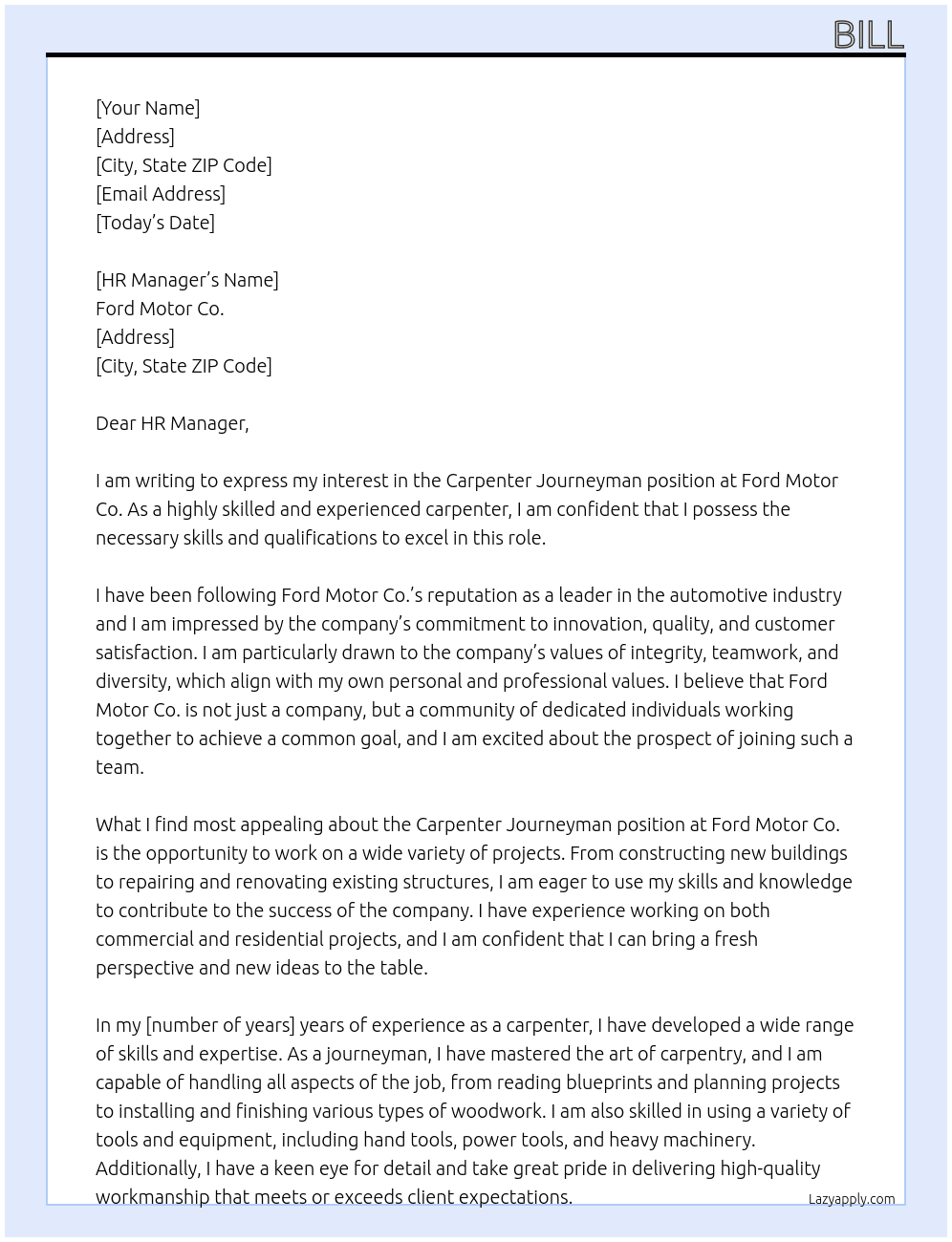 carpenter journeyman At ford motor co Cover Letter