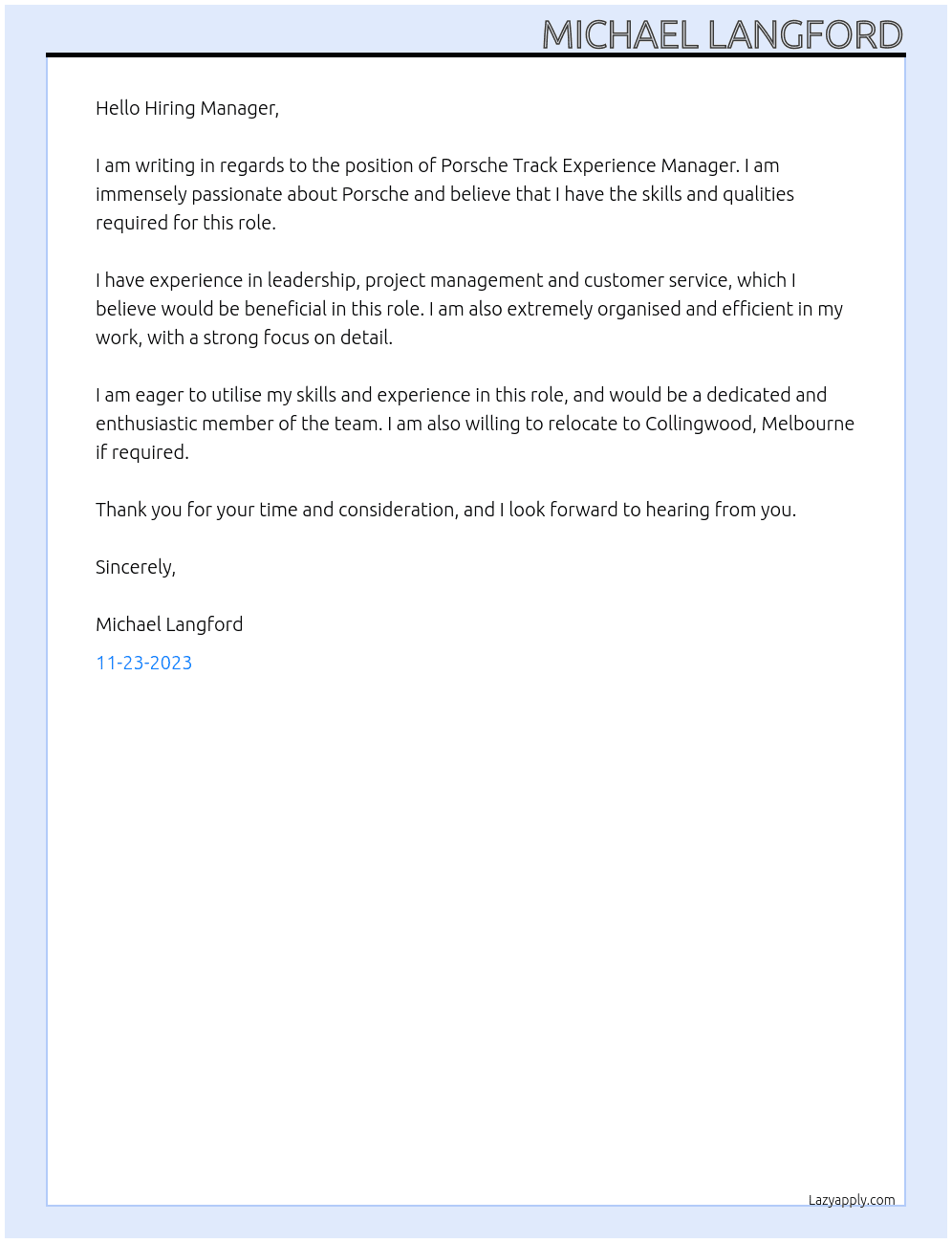 Porsche Track Experience Manager At Porsche Cover Letter