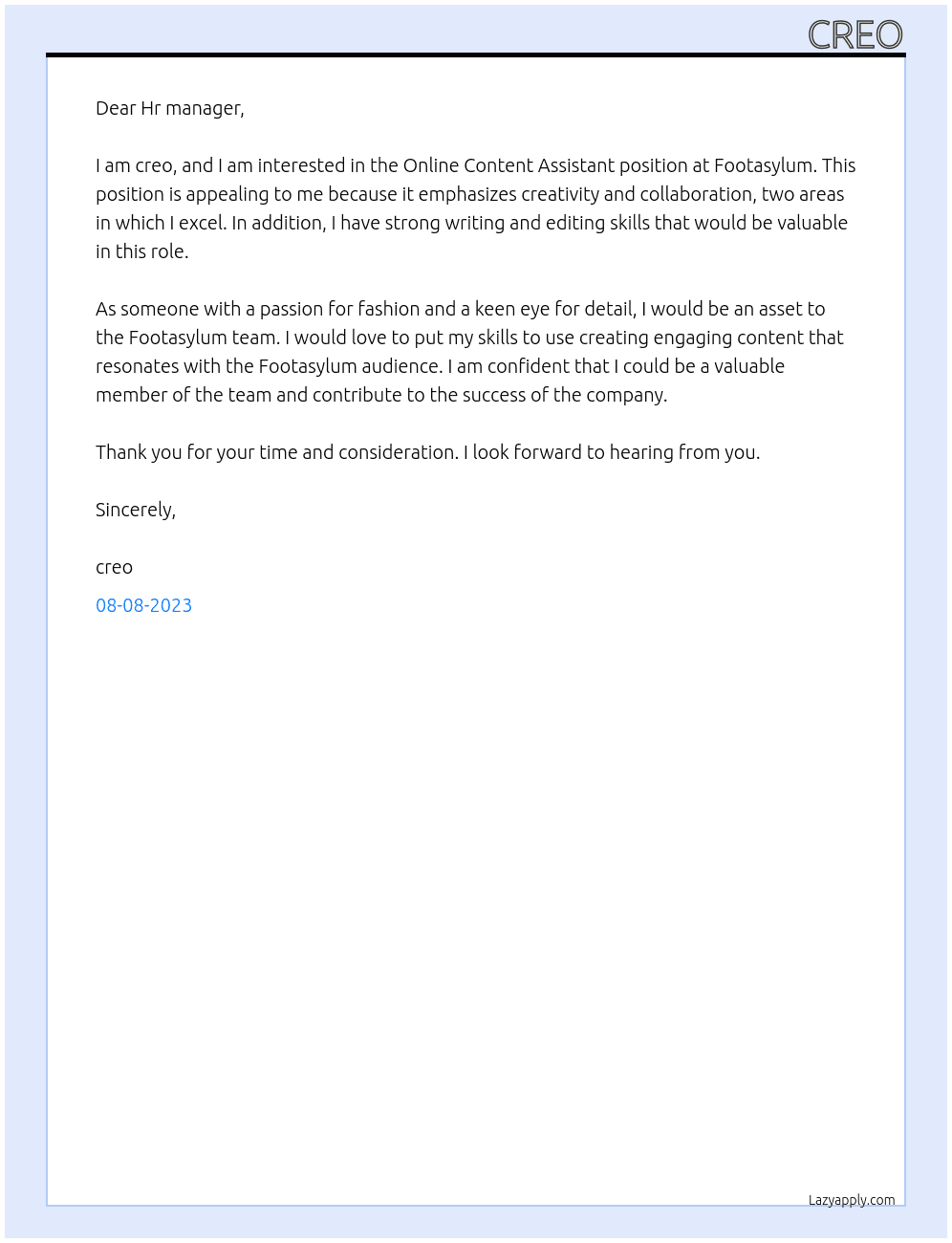 Online Content Assistant At Footasylum Cover Letter