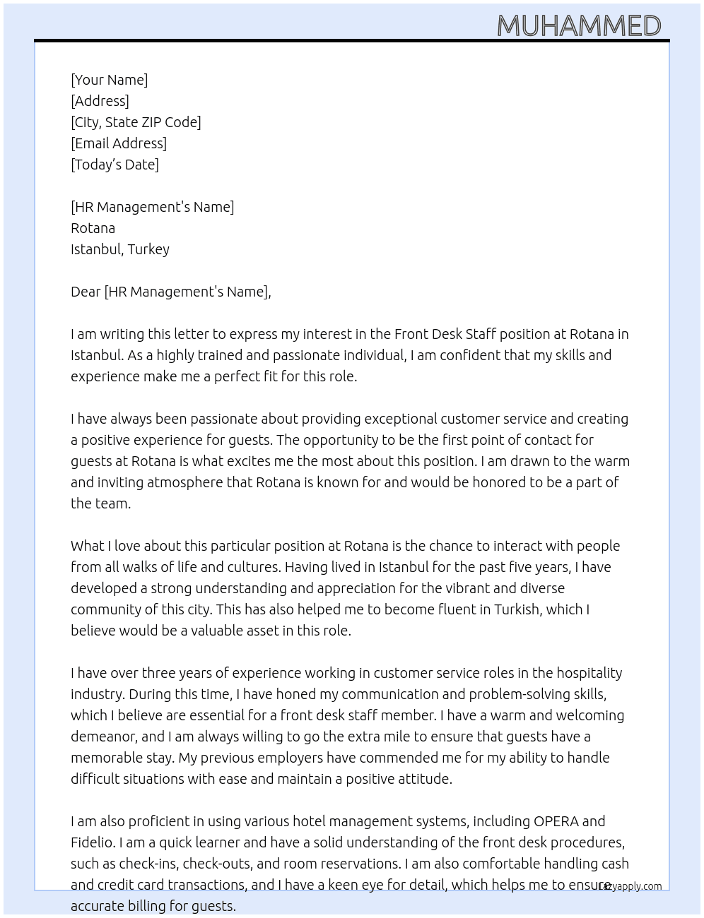 Front desk staff  At Rotana Cover Letter