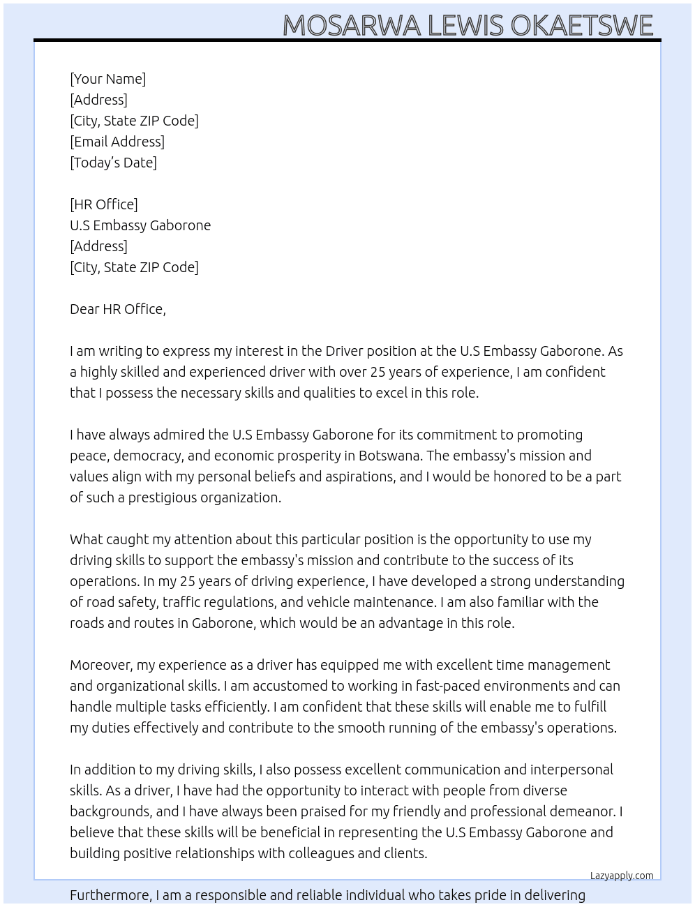 Driver  At U.s Embassy Gaborone  Cover Letter