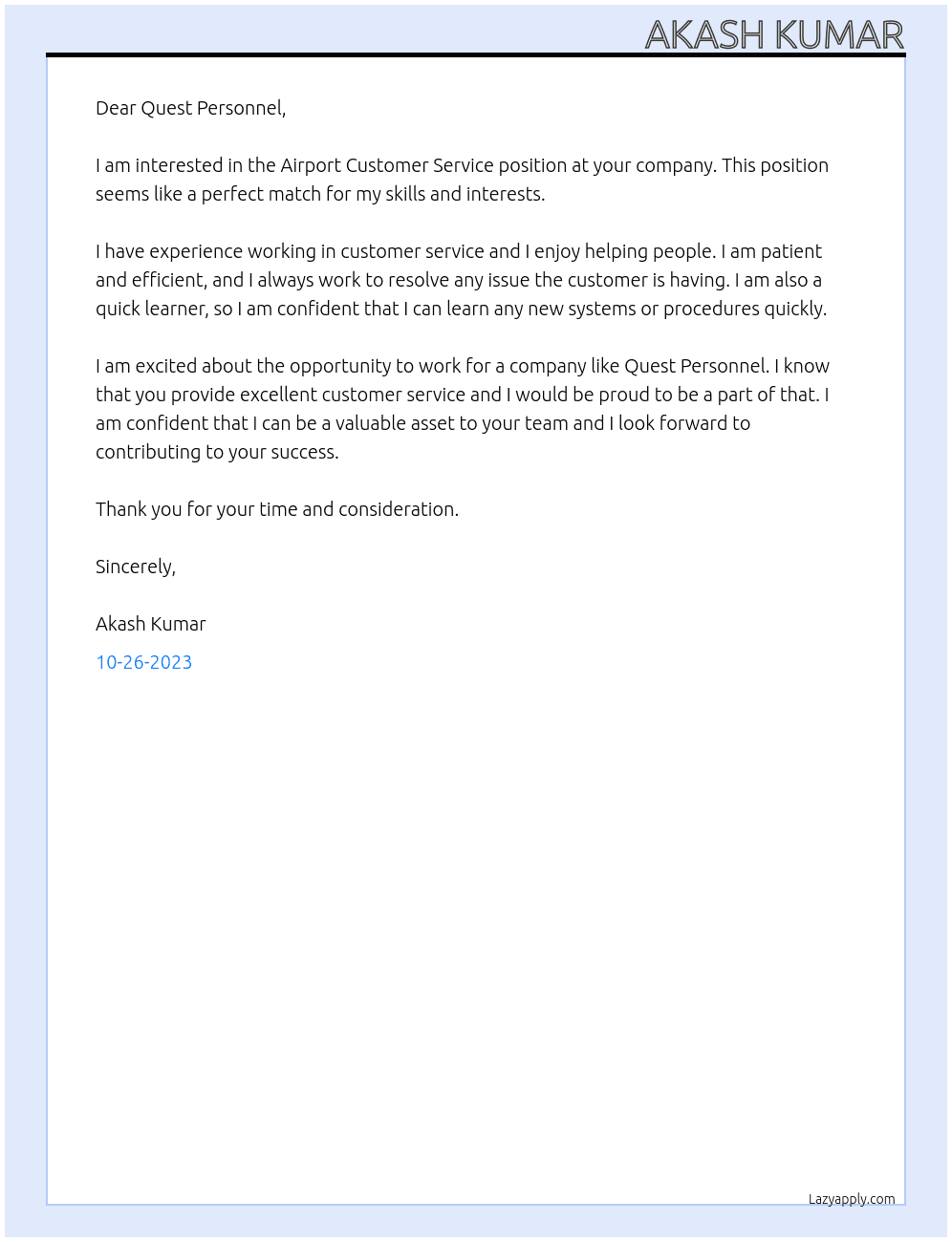   Airport Customer Service At Quest Personnel Cover Letter