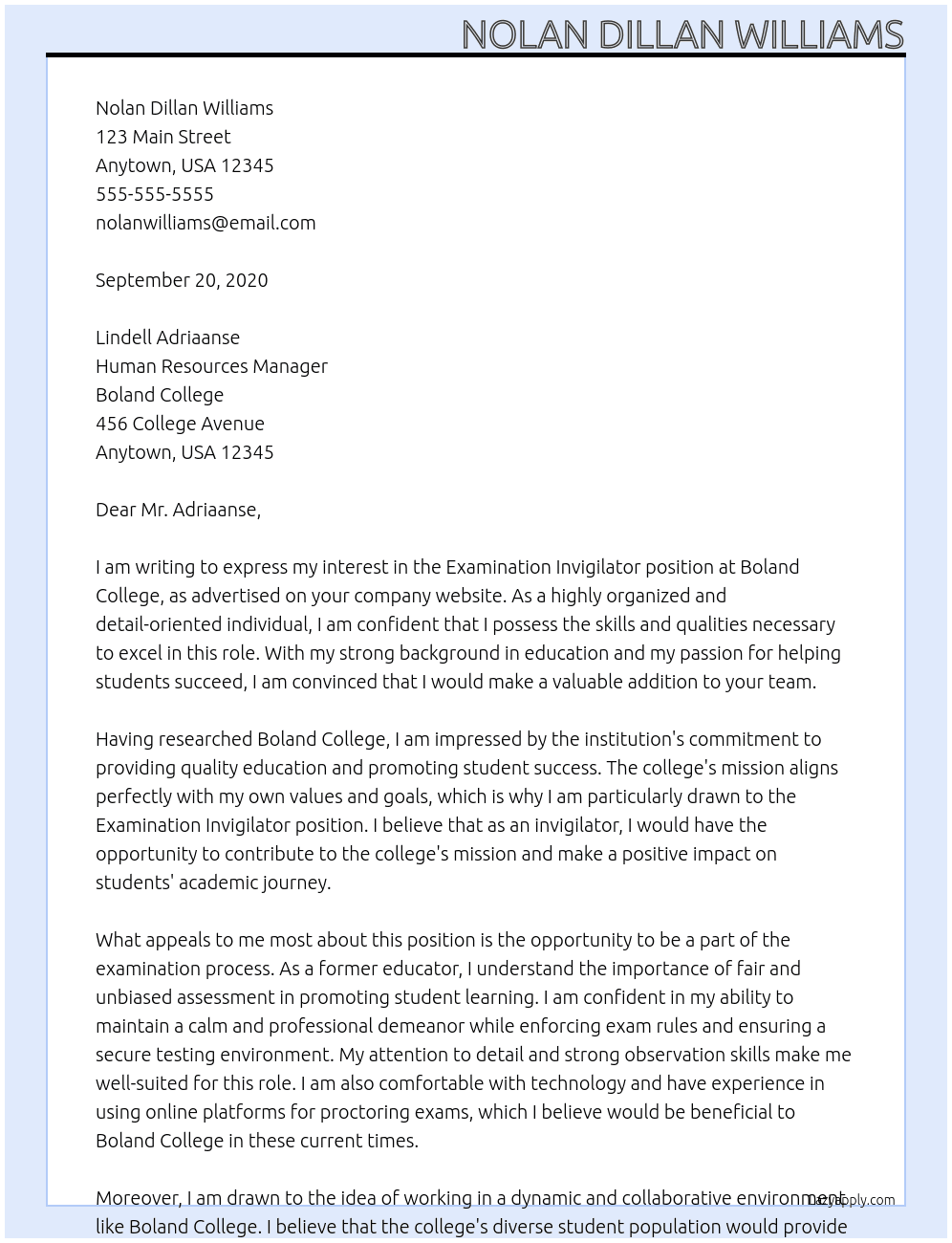 EXAMINATION INVIGILATOR At Boland College Cover Letter