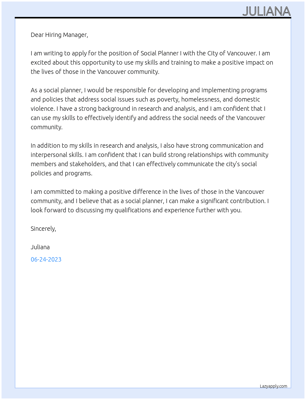 Social Planner I At City of Vancouver Cover Letter
